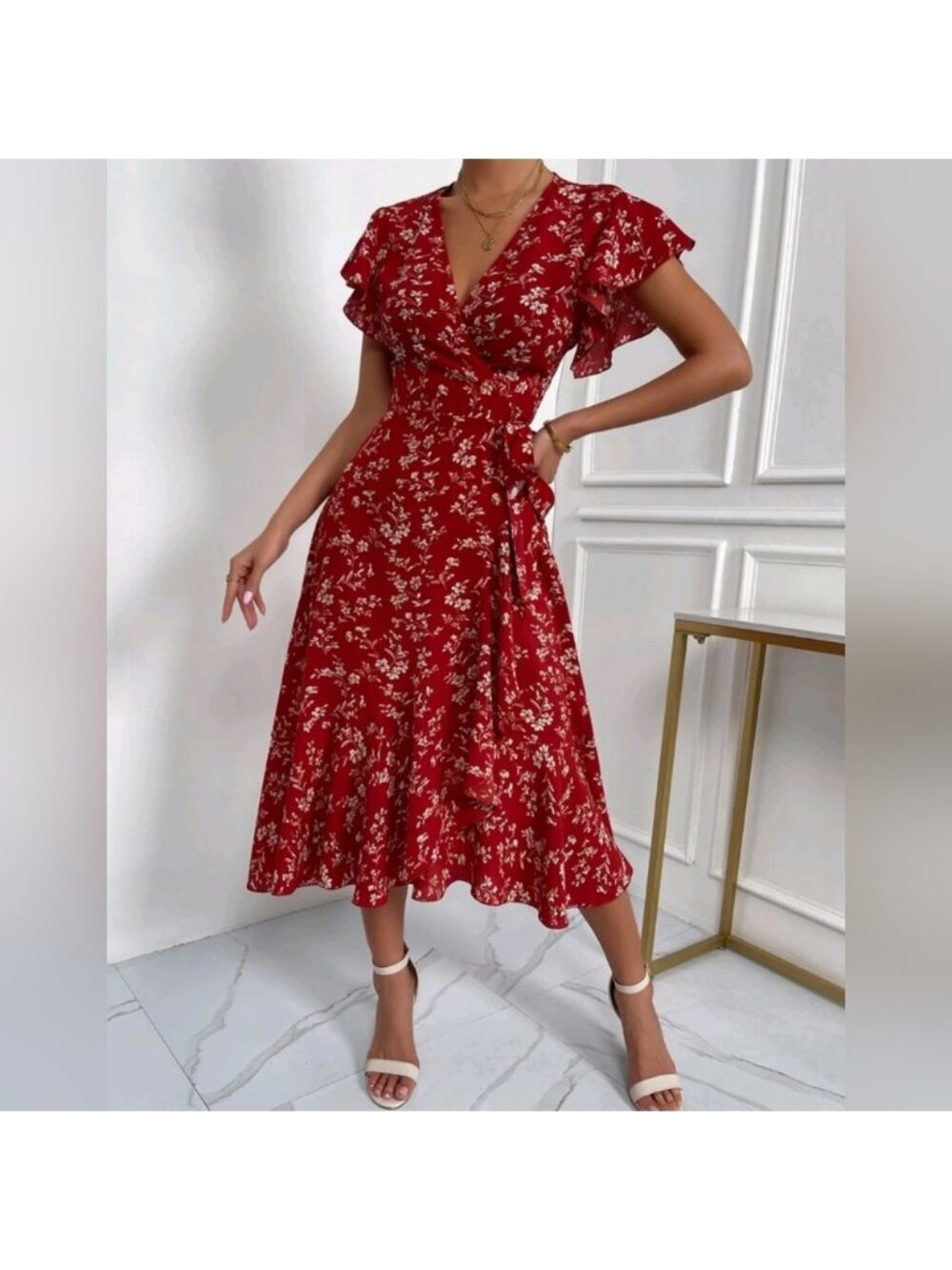* NEW Boho Floral Flutter Wrap Dress Burgundy Red